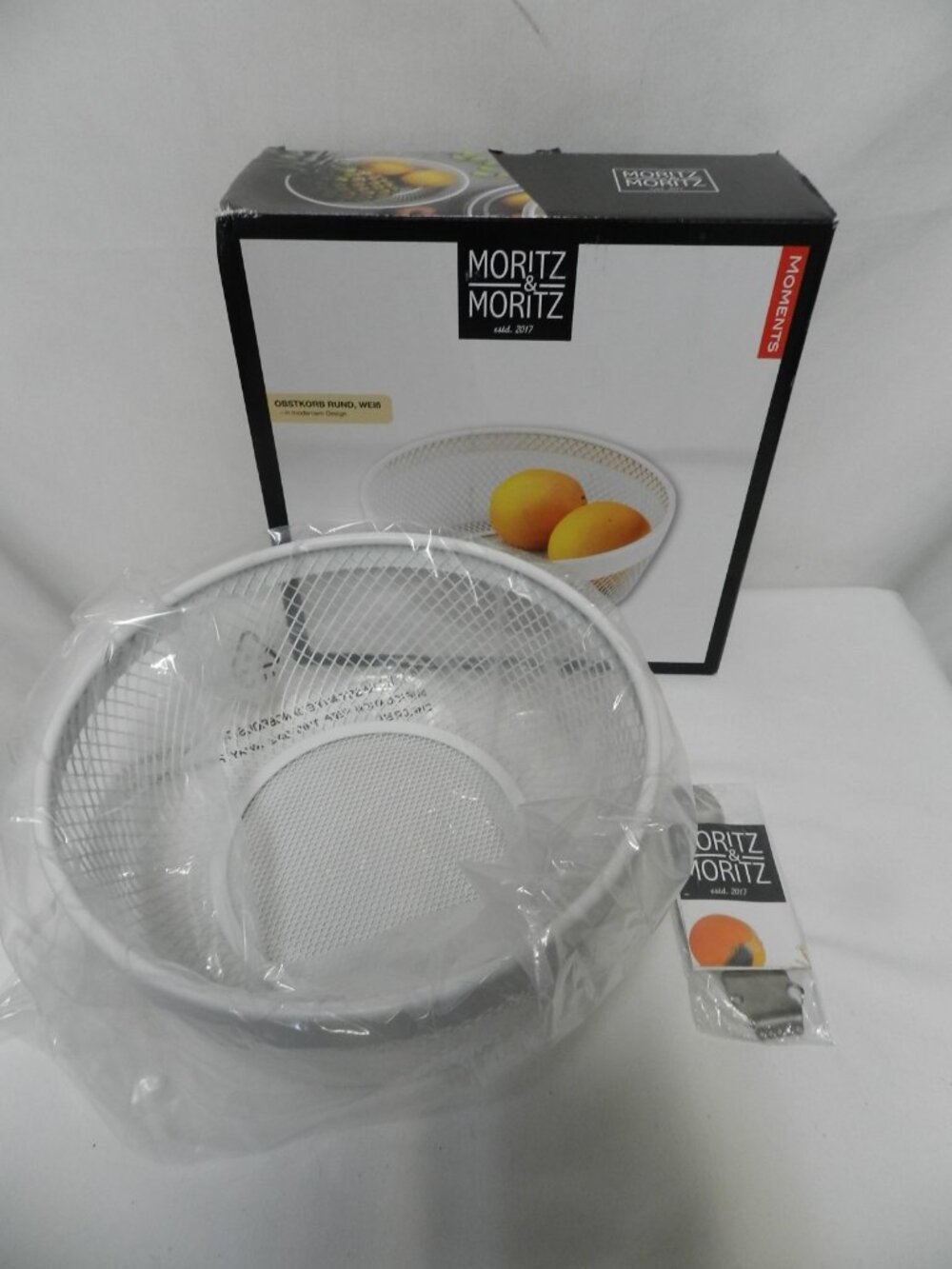 Moritz & Moritz White Metal Fruit Bowl 10" Scandinavian Wire Basket w/Peeler NEW